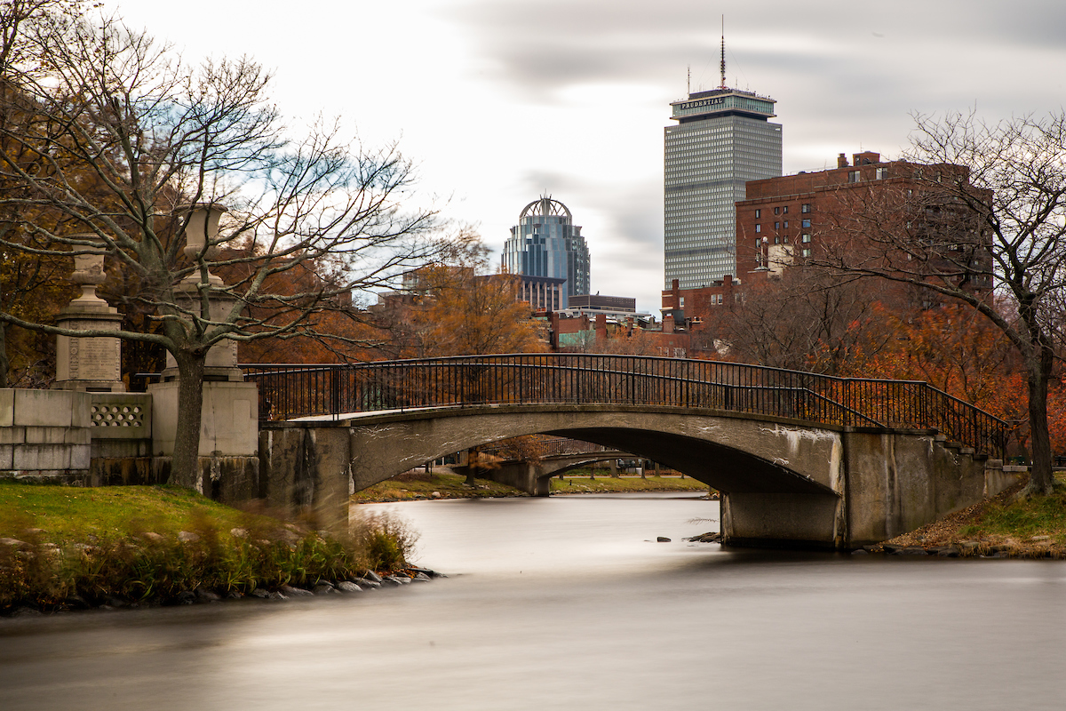 The Prudential Tower overlooking the Public Garden on a crisp, sunny autumn day