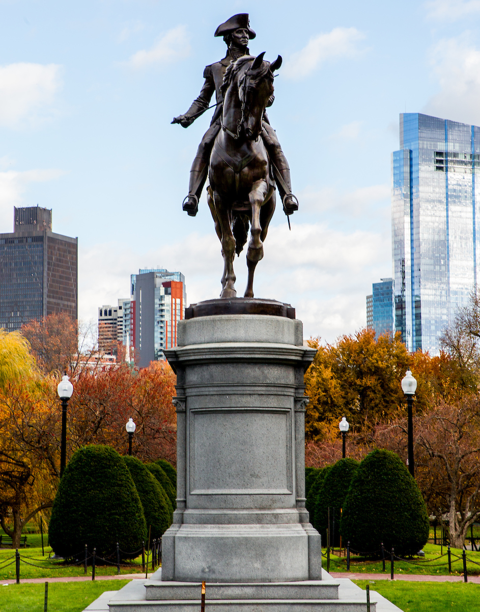 The George Washington statue in the Public Garden on a crisp, sunny autumn day.