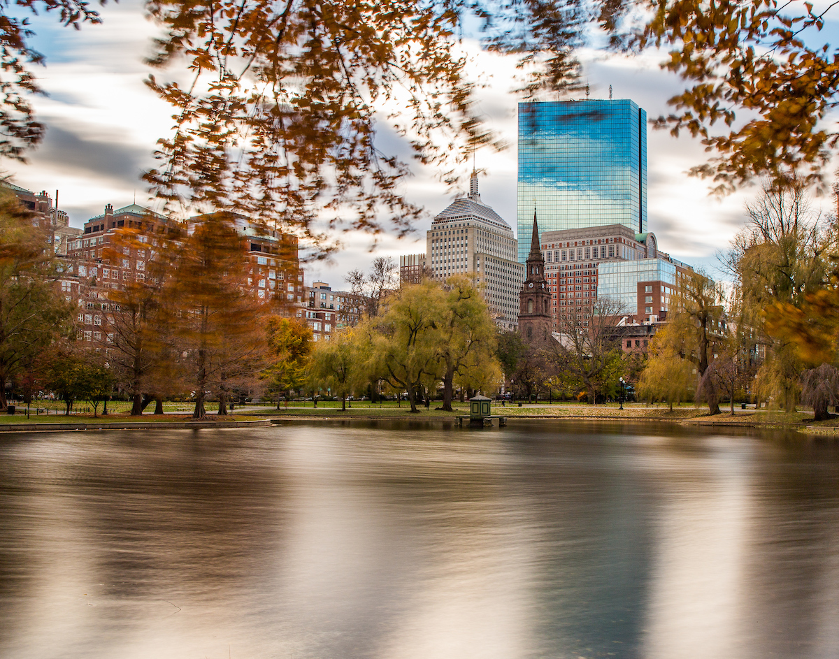 The Hancock tower reflecting on the pond in the Public Garden.