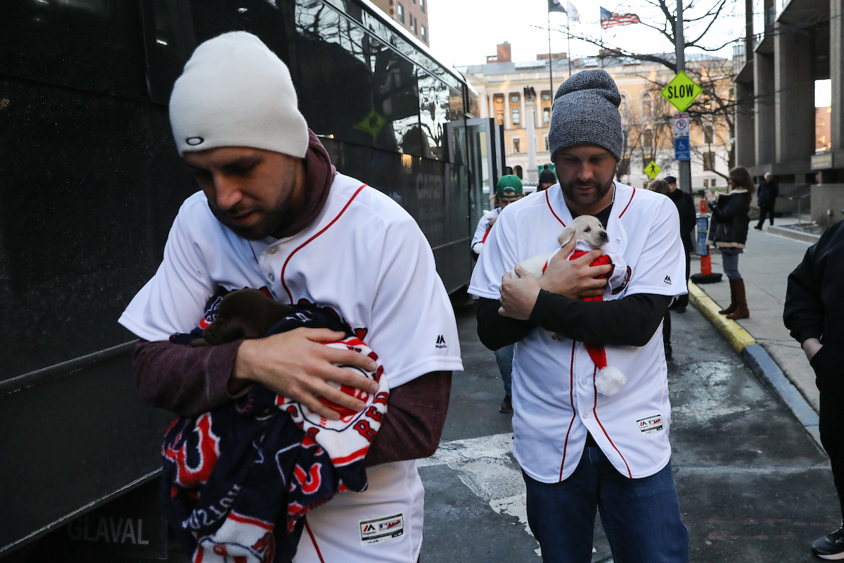 The Boston Red Sox visited Suffolk students with puppies the day before final exams begin.