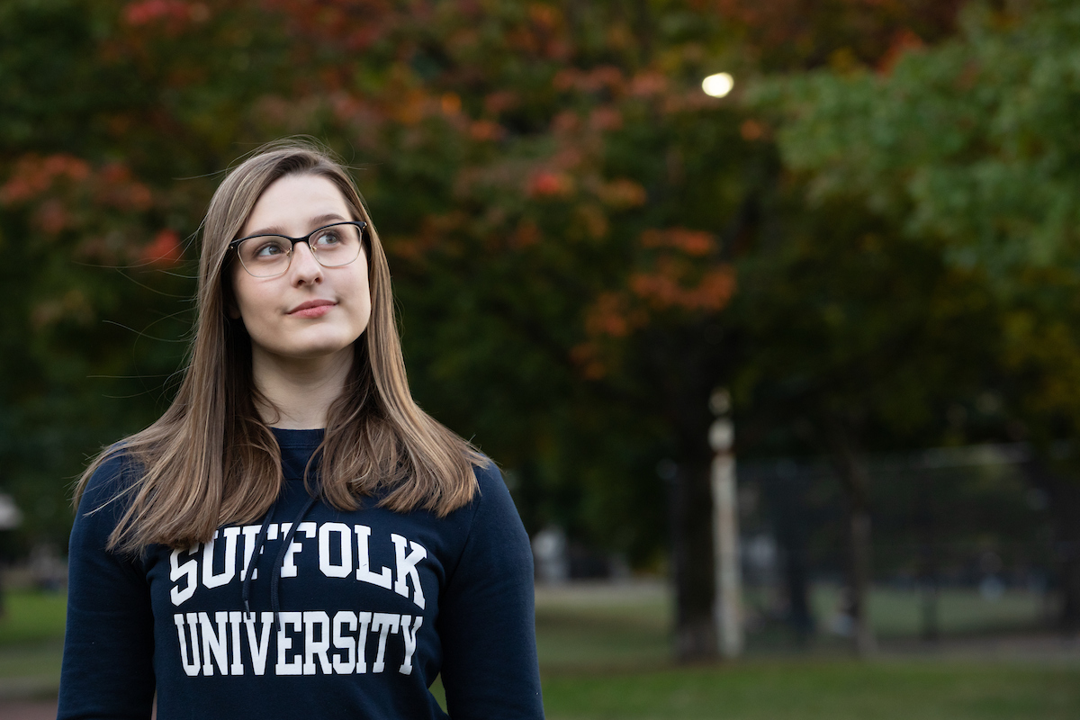 Suffolk student Morgan poses for a portrait on Boston Common.