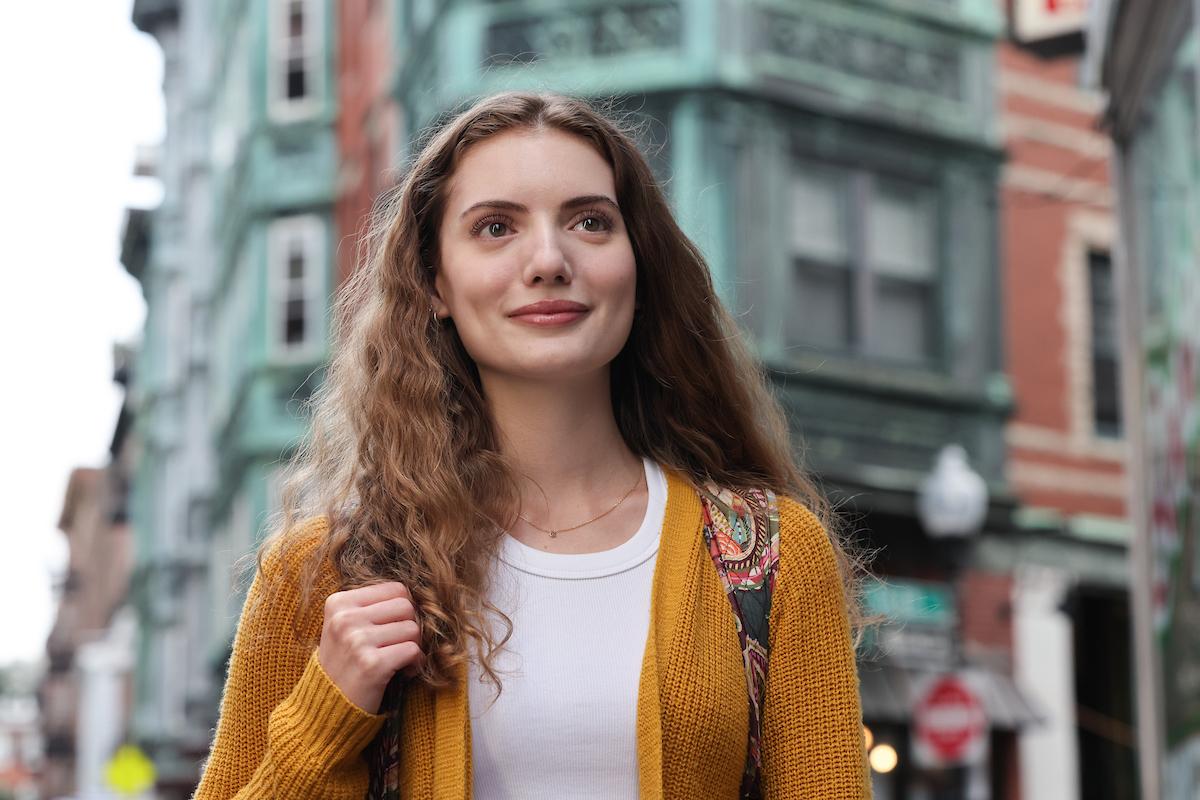 Suffolk student Grace poses for a photo in the North End of Boston.