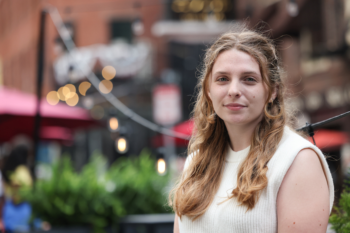 Suffolk student Chloe poses for a portrait in downtown Boston.