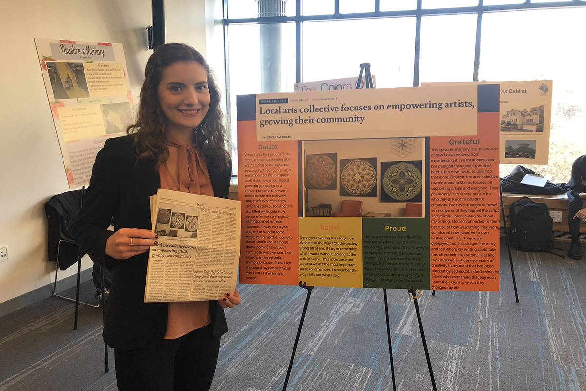 Suffolk student Grace presents her research topic.