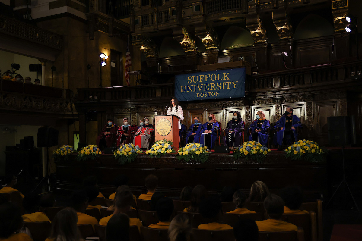 Suffolk student and SGA President Angela addresses the incoming class at Convocation.