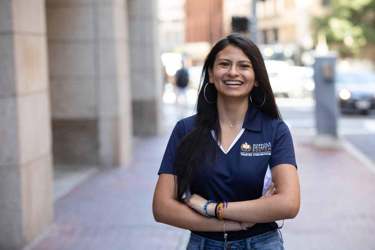 Suffolk student Jocelyn poses for a portrait on Tremont Street in downtown Boston.