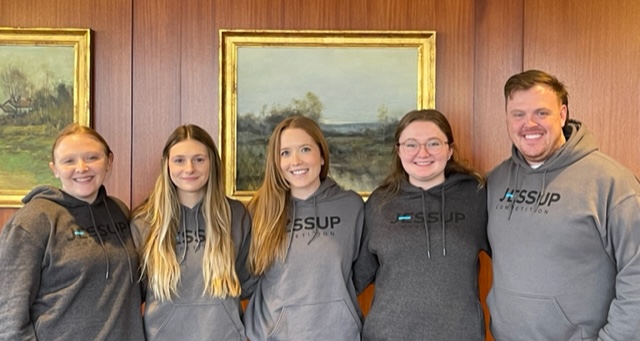 2021-22 Jessup Team (from left, Felicia Bouchard (Of Counsel), Katherine Marsh, Alexandra Held, Quinn O'Sullivan, Trevor Larned Stark)