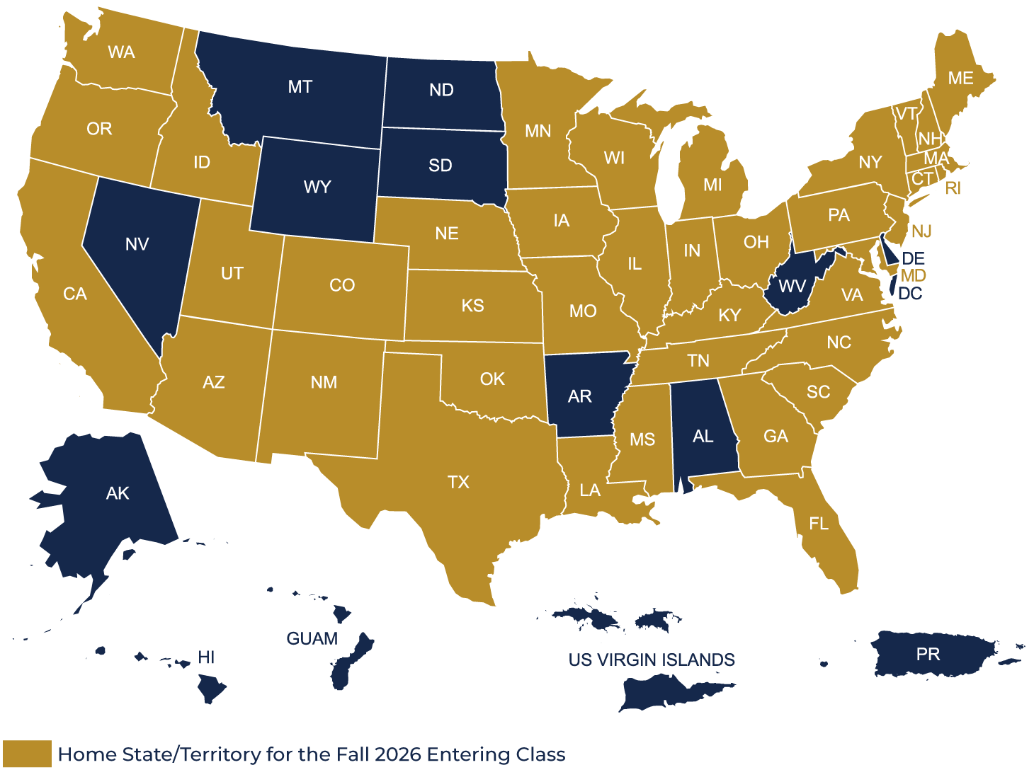 A map of the United States representing how many states Suffolk University Law students called home before starting their 1L year in Boston at Suffolk Law.