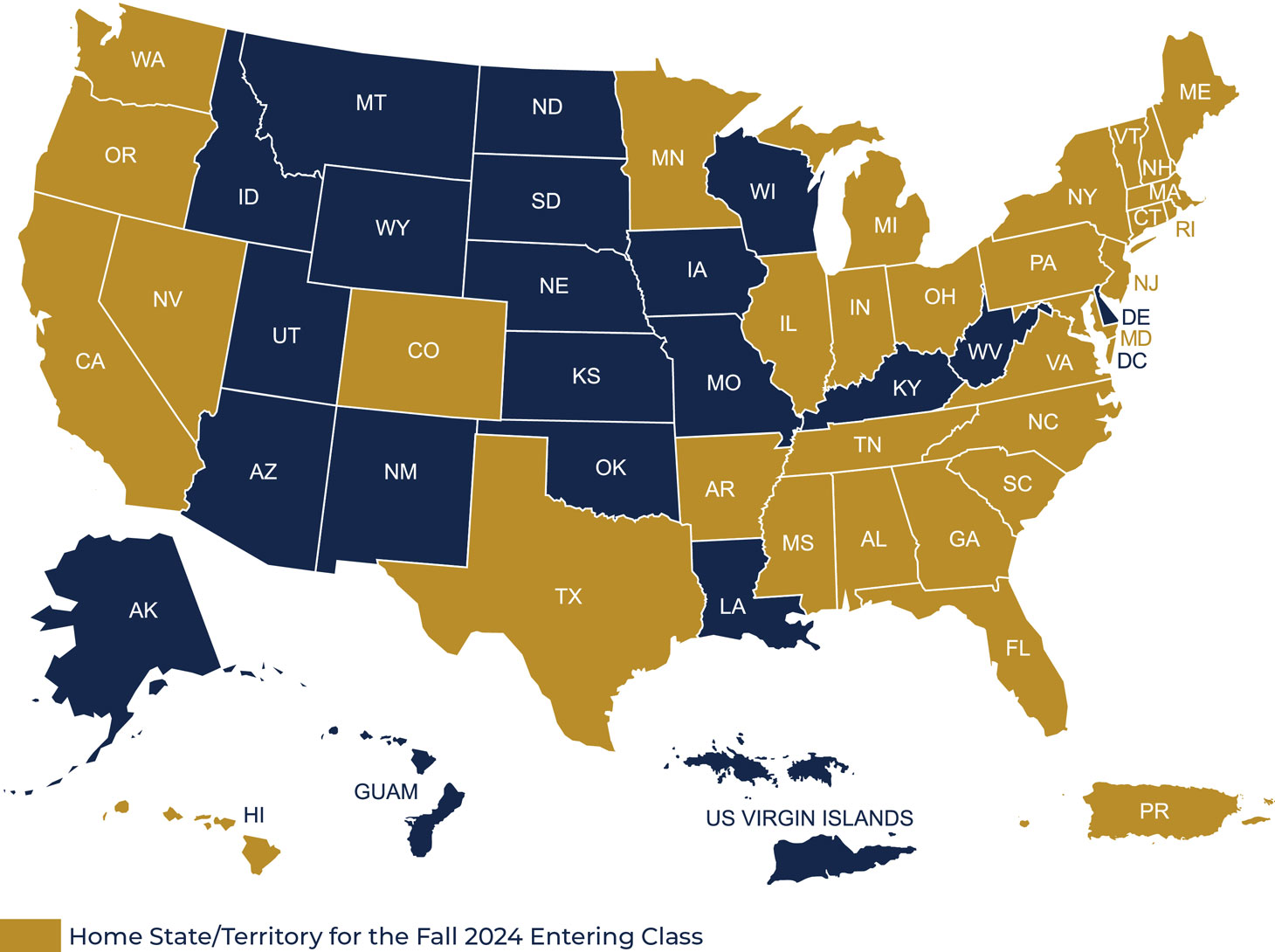 A map of the United States representing how many states Suffolk University Law students called home before starting their 1L year in Boston at Suffolk Law.