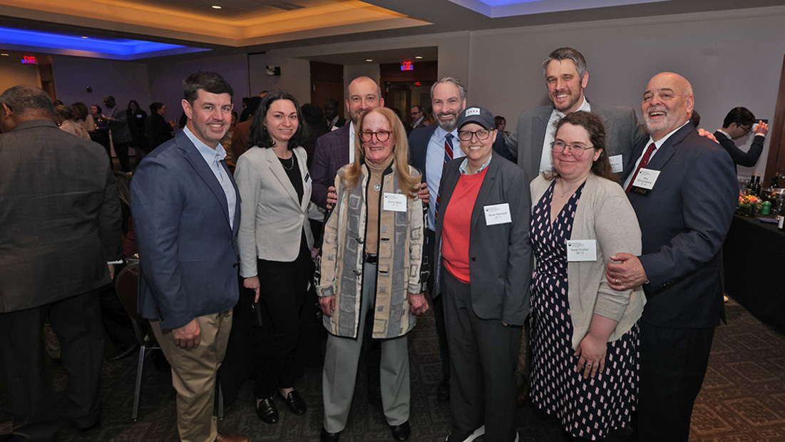 (Back row) Sean Higgins, JD ’03, Sarah Solomon, Morgan Blum, JD ’11, Tristan Colangelo, JD ’11, David Bastian, JD ’14, Hon. Michael Bolden, JD ’78 (Ret.) (Front row) Professor Emerita Karen Blum, JD ’74, Alexis Theriault, JD ’11, Sarah J. Fischer, JD ’13