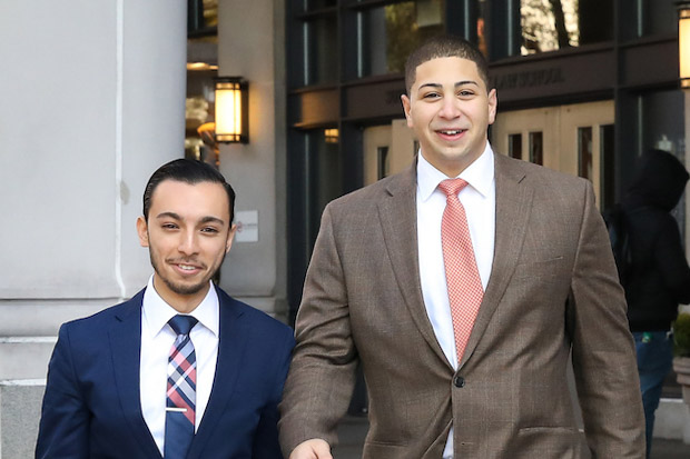 Dario Hernandez and Sam Faisal standing in front of Sargent Hall