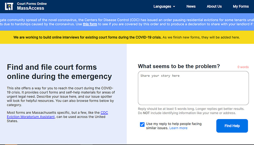 screenshot of the court forms app