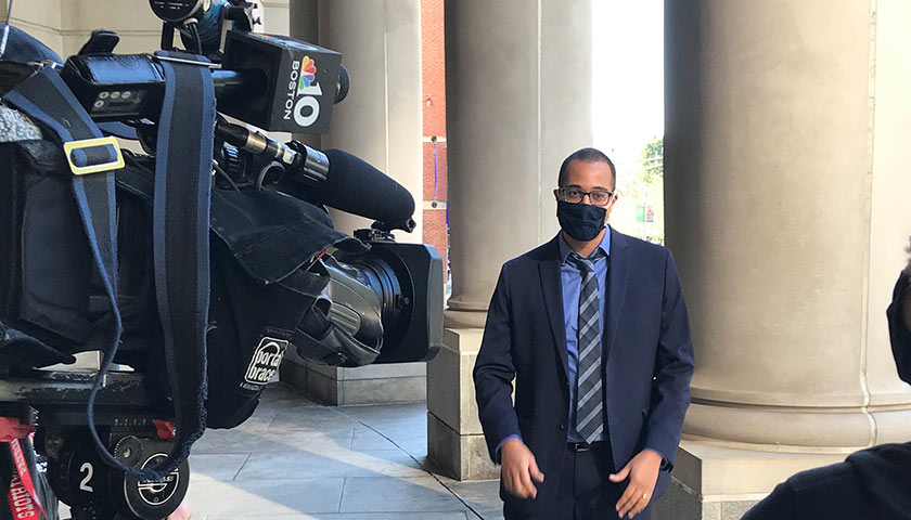 Quinten Steenhuis on NBC Boston in a blue suit with blue facemask