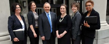 Lawyers in front of Suffolk University's Sargent Hall