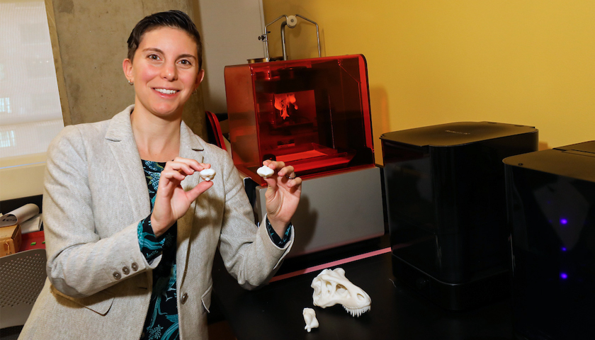 Eugenia Gold holds 3D-printed brain specimens