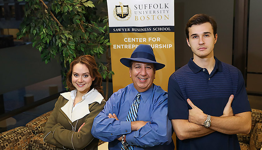 Makena Couture, Domenic Kalil, who teaches entrepreneurship in the Sawyer Business School, and Bruce Sterling Benkhart II