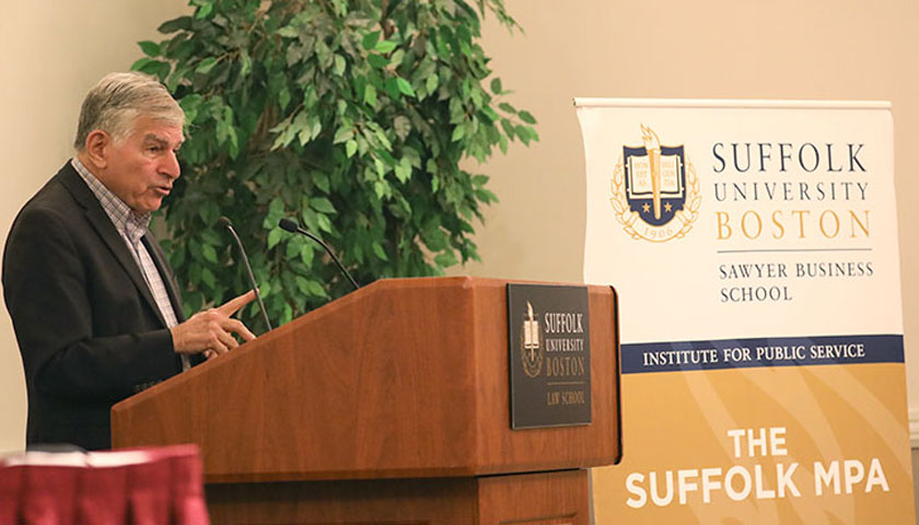 Former Governor Michael Dukakis speaks at Suffolk's 2018 Public Service Symposium.