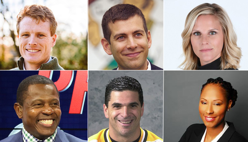 Head shots of  Joe Kennedy, Brad Stevens, Trenni Kusnierek, Troy Brown,  Kevin Steven, andChamique Holdsclaw, 