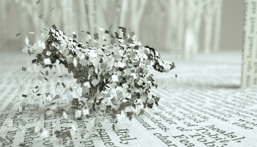 Shiny squares appear to rise from a page of text in the shape of a wolf