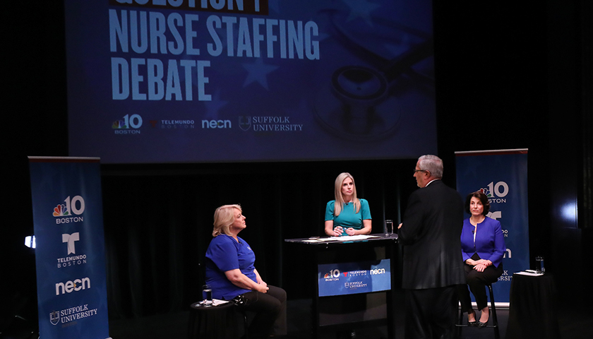 Panelists discuss the 2018 Massachusetts Question 1 ballot initiative on hospital nurses' staffing at Suffolk University
