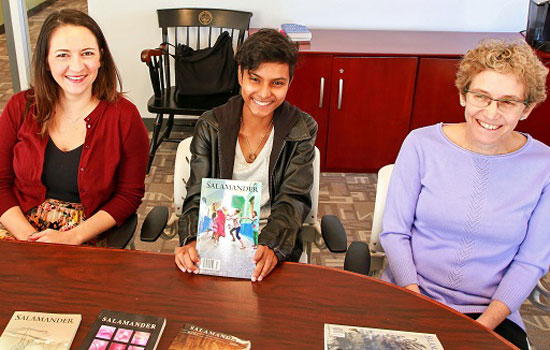 "Salamander" Managing Editor Katie Sticca, student intern Aarathi Prakasen, and Editor-in-Chief Jennifer Barber