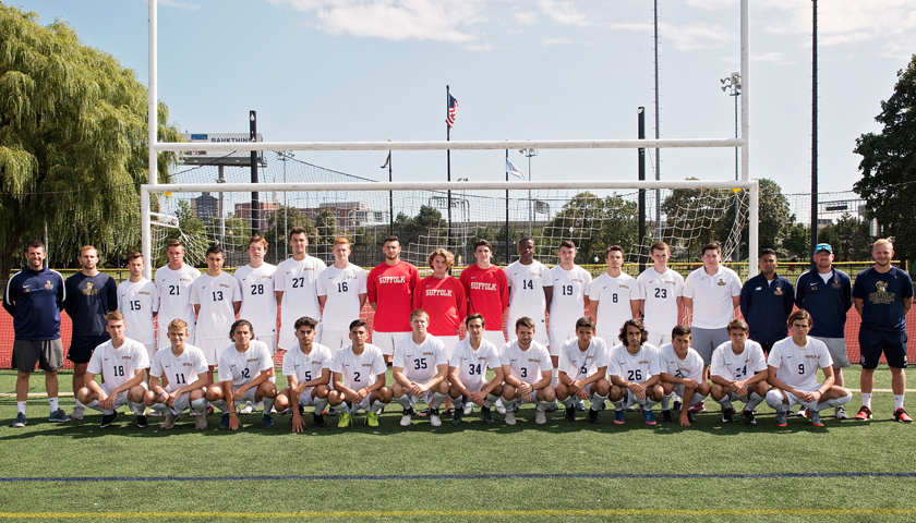 Suffolk Rams men's soccer team and coaches group photo on field