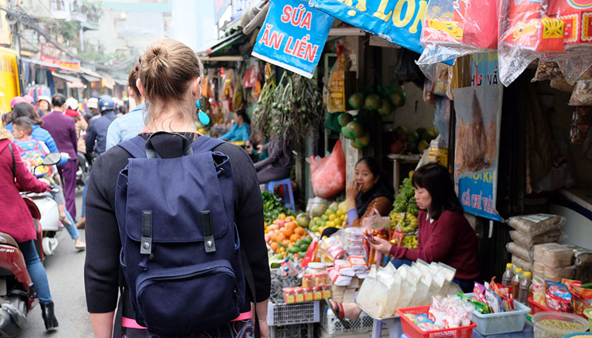 Students explored an outdoor market in Hanoi, Vietnam