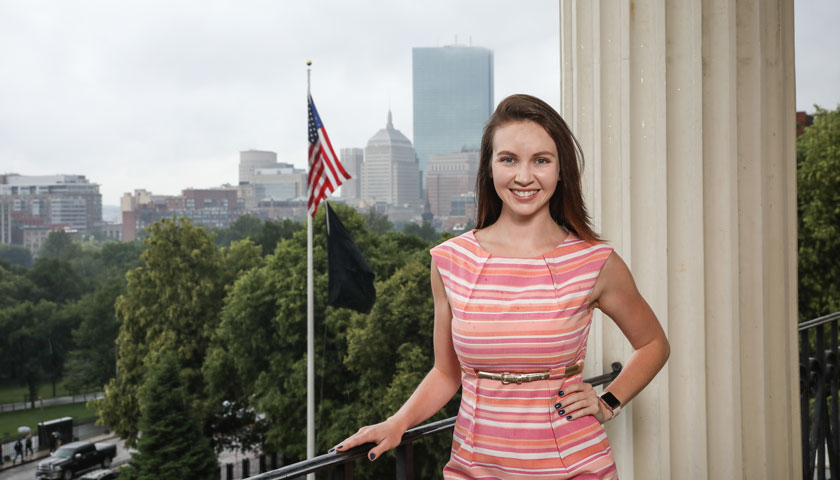 Anna Duffy on a balcony at the MA State House