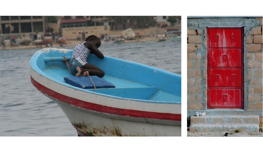 Boy relaxing in boat. Red door in stone building