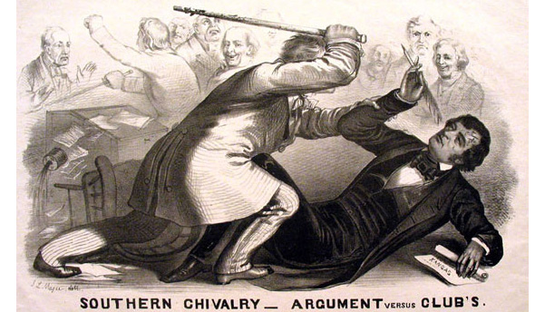 Cartoon shows one man caning another who lies prostrate on the floor 