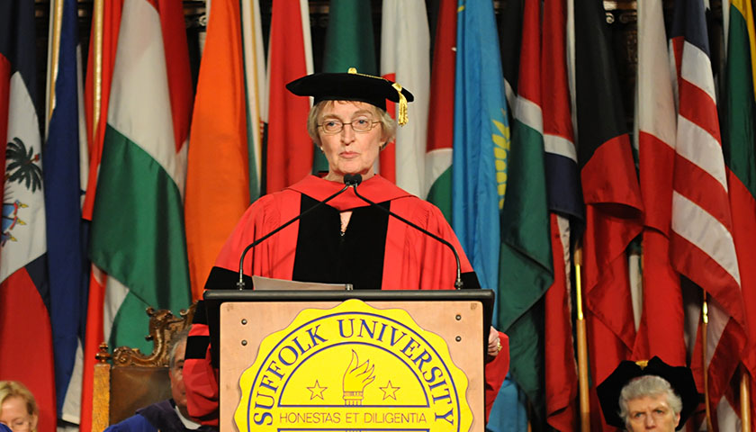 Nancy Stoll in academic robe at convocation