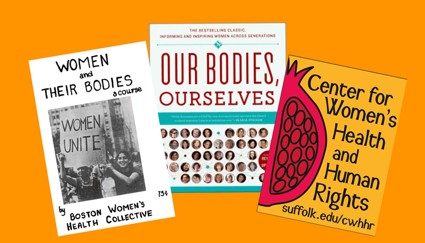 Graphic shows book covers of Women and Their Bodies and Our Bodies Ourselves and a design for the Center for Women's Health and Human Rights