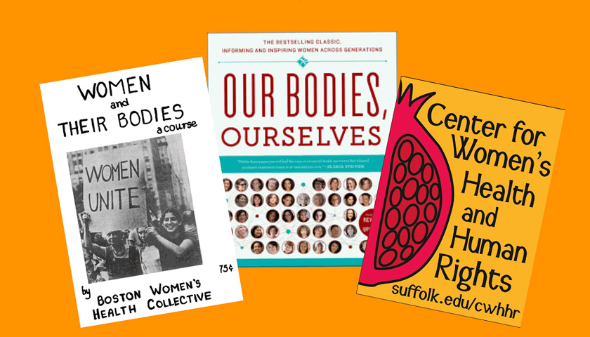 Graphic shows book covers of Women and Their Bodies and Our Bodies Ourselves and a design for the Center for Women's Health and Human Rights