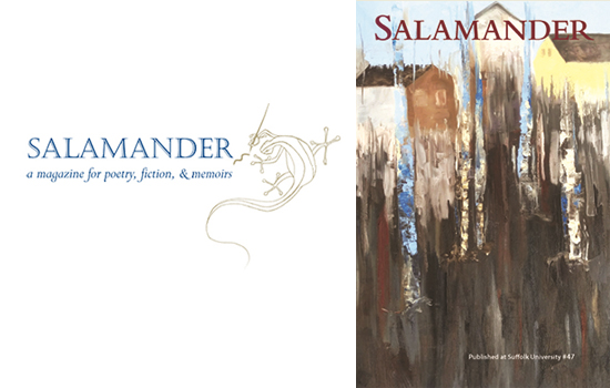 Salamander cover shows semi-abstract painting with brown strokes in foreground and buildings with peaked roofs in the background