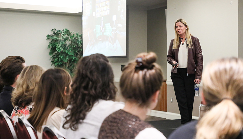 Denise Karkos, CMO, SiriusXM speaks to students in the Marketing program.