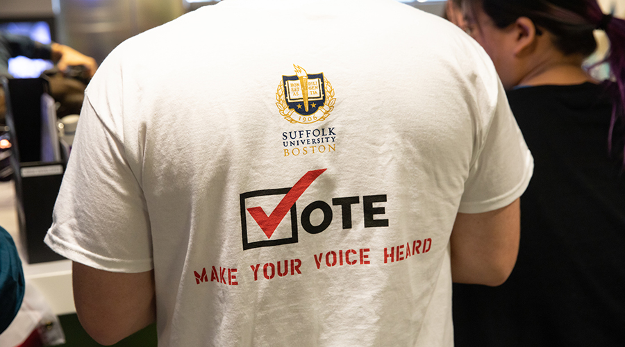 Student wearing a Suffolk Votes t-shirt
