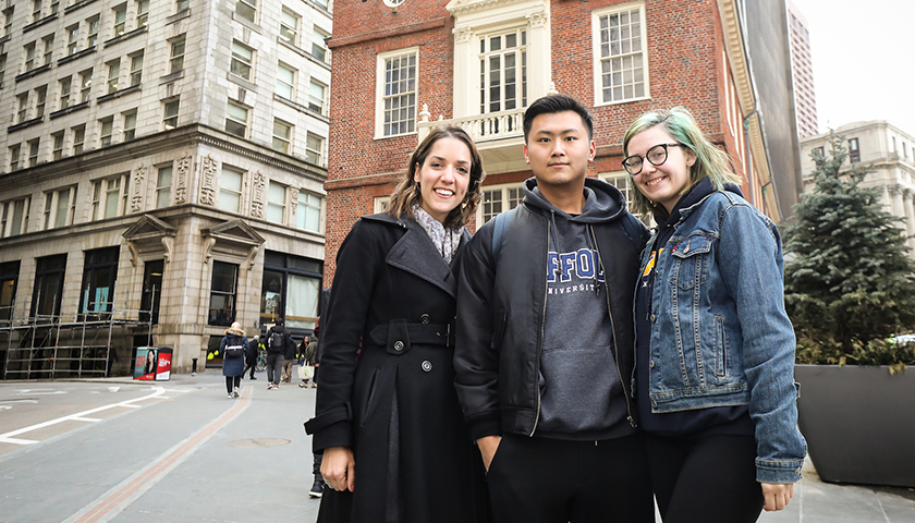 Nora Zientak, Professor Kathryn Lasdow, and James Tsumagari in front of Old State House in Boston