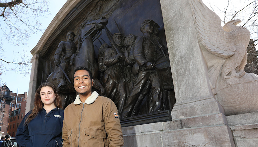 Students Ashley Ceravone and Nick Nunez at the Shaw Memorial,