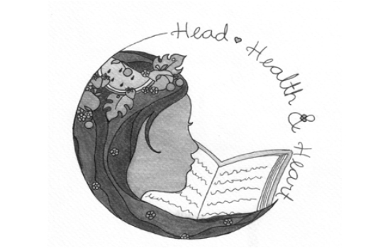 Drawing of girl reading book and the words Head Health Heart