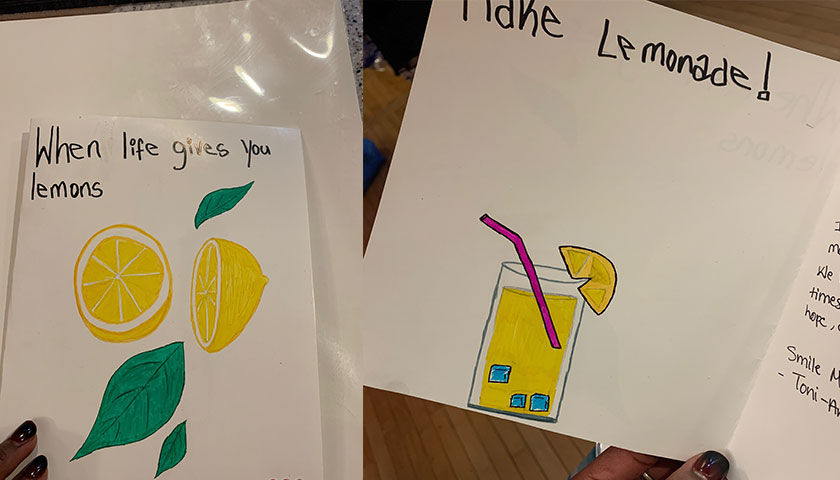 Handmade cards say "when life gives you lemons, make lemonade"