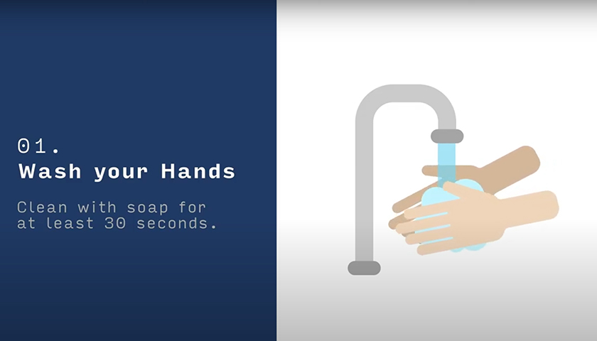 Graphic of soapy hands under a faucet with the words wash your hands