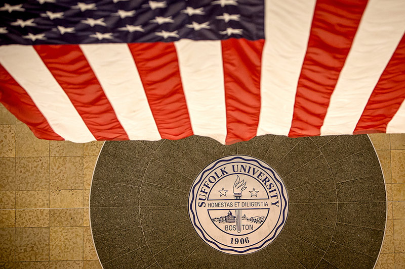 American flag hanging in Sargent Hall rotunda