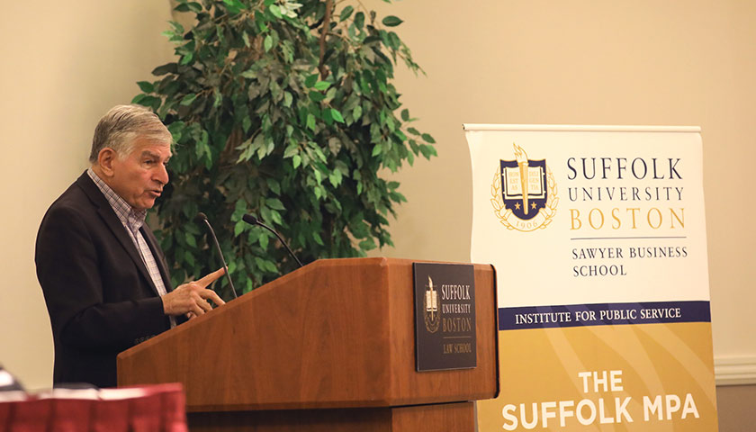Former Massachusetts Governor Michael Dukakis speaking at Suffolk in 2018