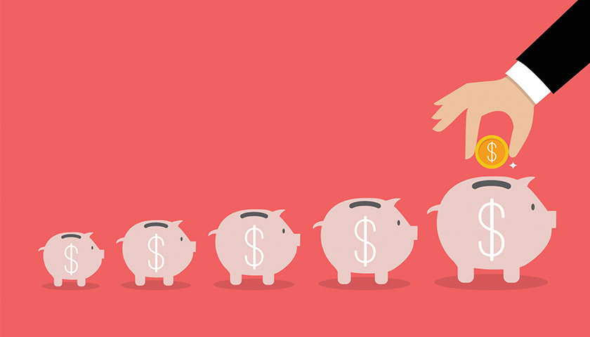 Illustration of person adding money to a line of piggy banks