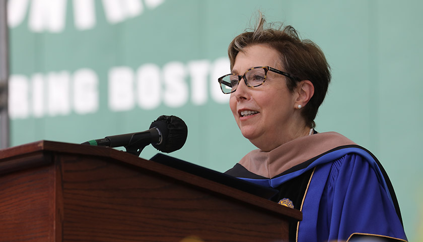 Dorothy Savarese, MBA '04, addresses the 2020 graduates of the Sawyer Business School