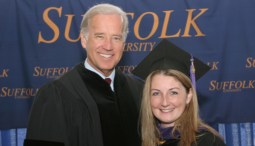 Senator Joe Biden and the student speaker, Catherine Hobbs JD'05, at the 2005 Suffolk Law School Commencement