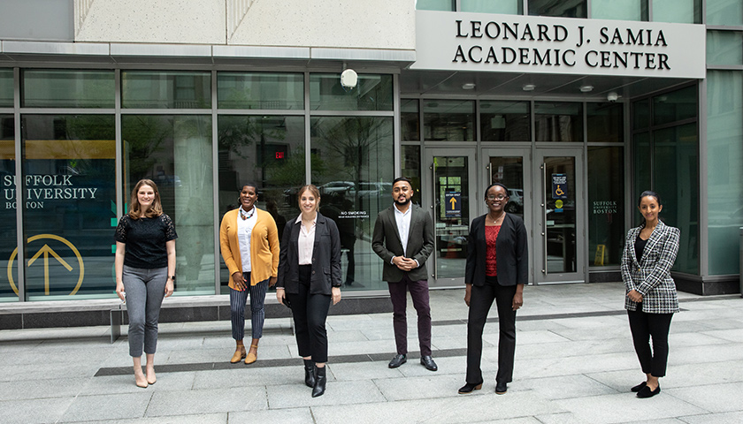 Dosimetry students standing outside the Samia Building at Suffolk University
