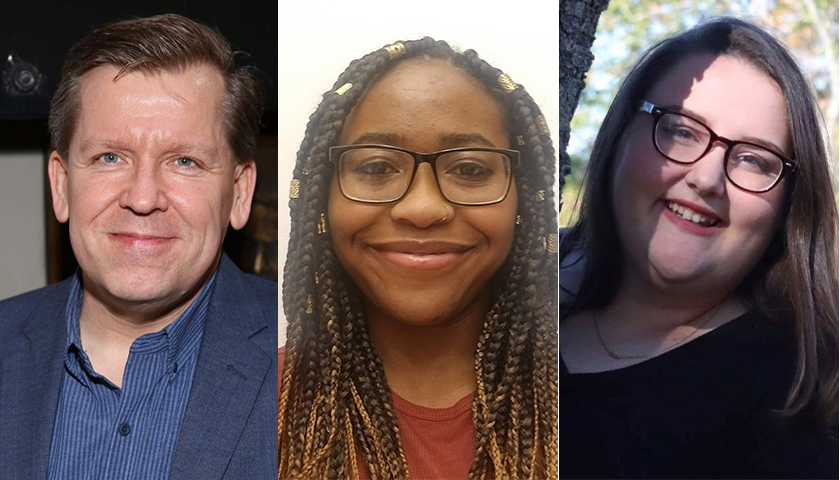 Playwright David Lindsay-Abaire and Suffolk theater students Kayla Sessoms and Bethany Cabral