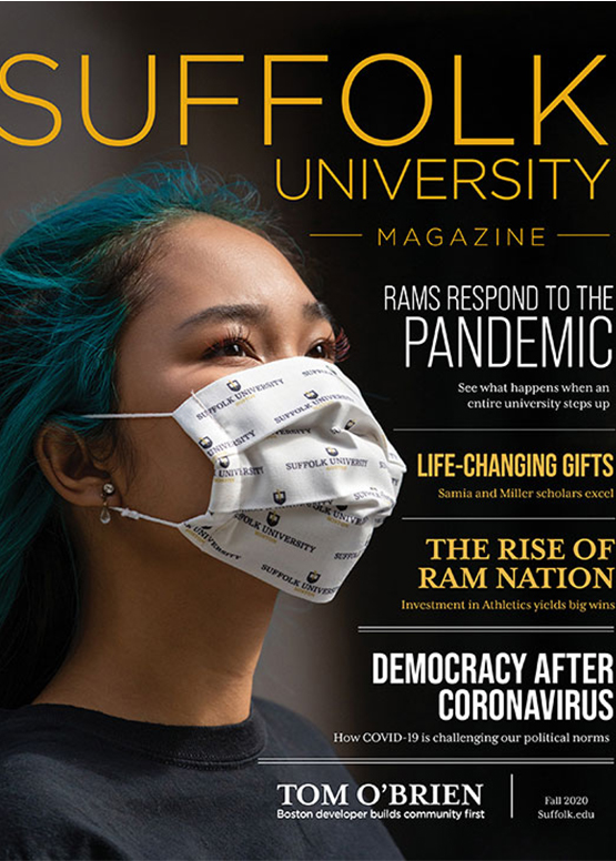 Student Jeanette Marasi wearing a face mask on the front cover of the Fall 2020 issue of Suffolk University Magazine