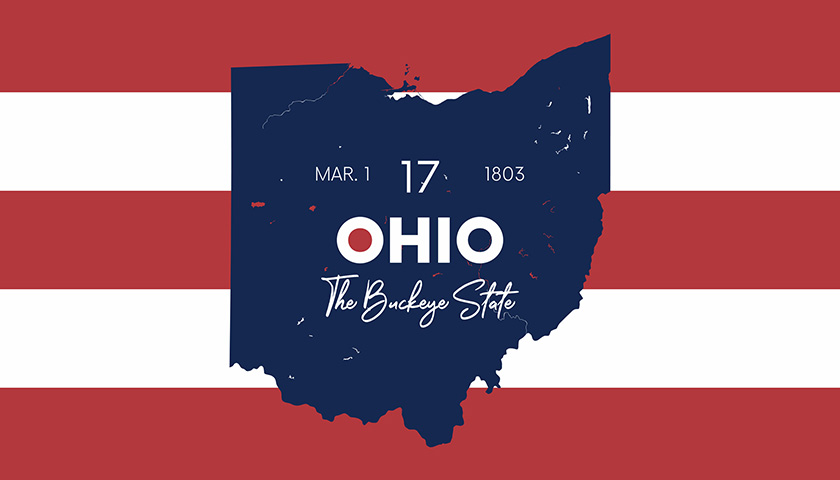 Illustration of the outline of the state of Ohio against an American flag pattern